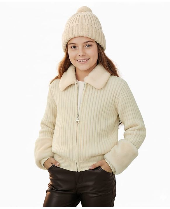 Pine Kids Knit Full Sleeves Solid Front Open Sweater - Offwhite