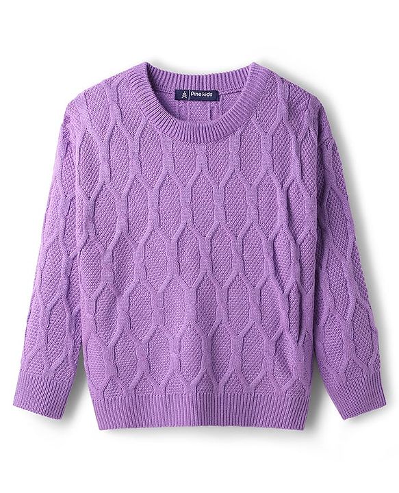 Pine Kids Knit Full Sleeves Pullover Solid Sweater Set with Hexagon Design - Purple