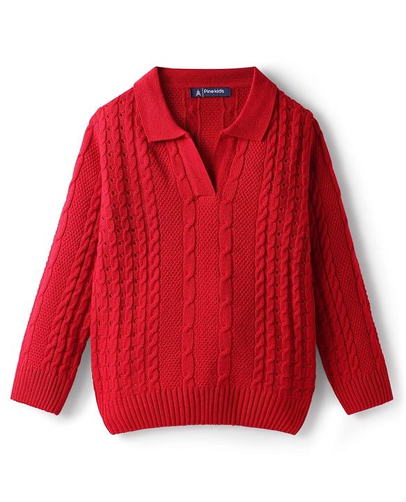 Pine Kids Knit Full Sleeves Solid Collar Neck Sweater Set with Cable Knit Design - Dark Red