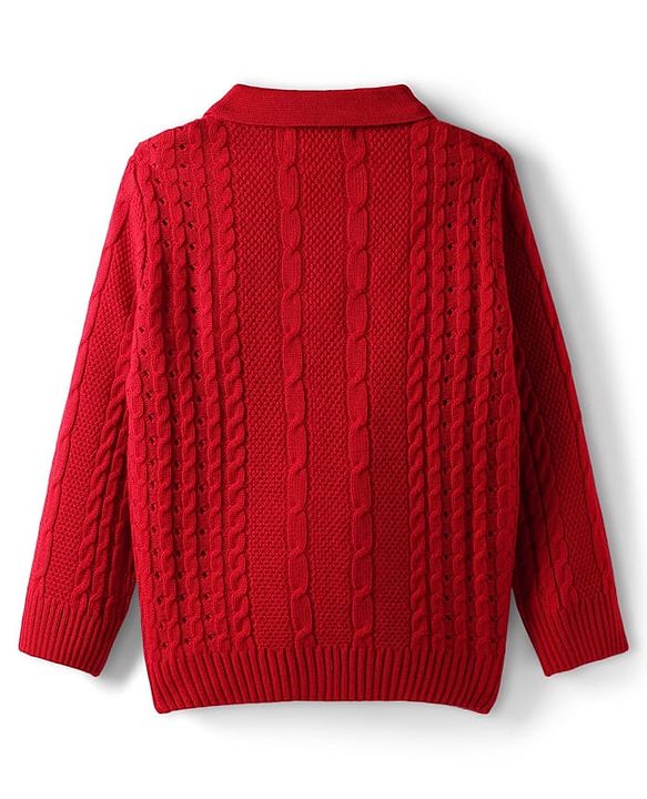 Pine Kids Knit Full Sleeves Solid Collar Neck Sweater Set with Cable Knit Design - Dark Red