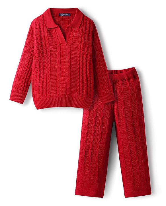 Pine Kids Knit Full Sleeves Solid Collar Neck Sweater Set with Cable Knit Design - Dark Red