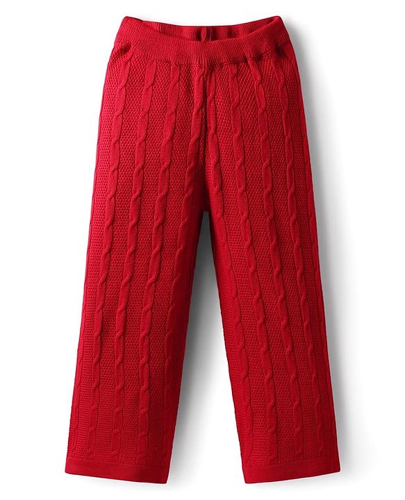 Pine Kids Knit Full Sleeves Solid Collar Neck Sweater Set with Cable Knit Design - Dark Red