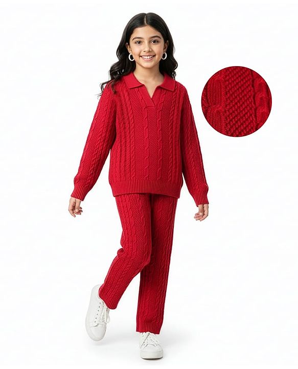 Pine Kids Knit Full Sleeves Solid Collar Neck Sweater Set with Cable Knit Design - Dark Red