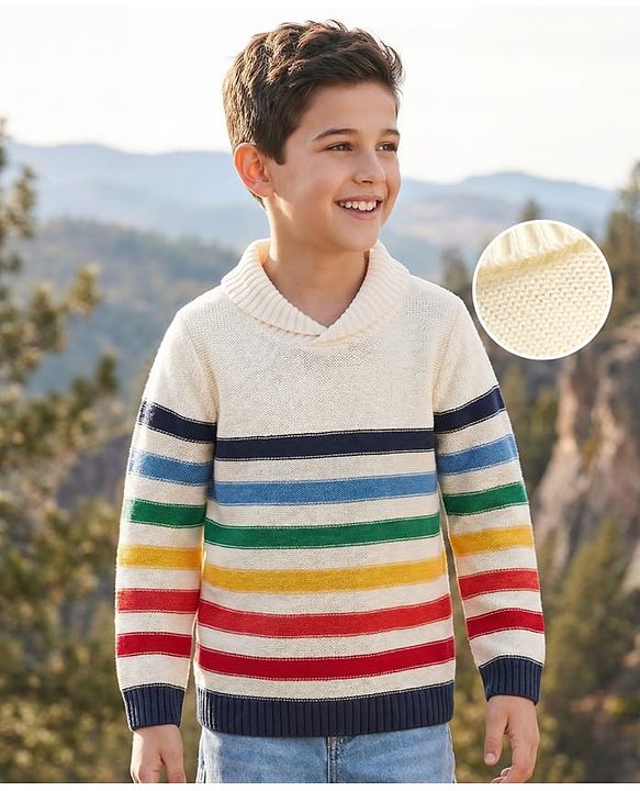 Pine Kids Knit Full Sleeves Pullover Sweater with Multicolor Stripe Design - White