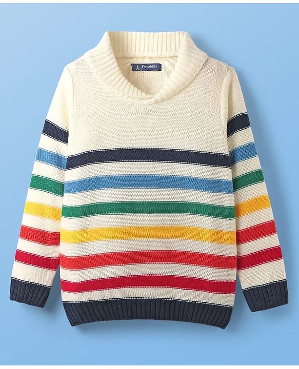 Pine Kids Knit Full Sleeves Pullover Sweater with Multicolor Stripe Design - White