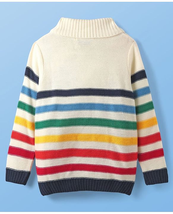 Pine Kids Knit Full Sleeves Pullover Sweater with Multicolor Stripe Design - White