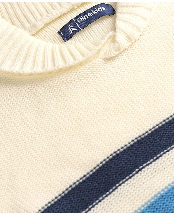 Pine Kids Knit Full Sleeves Pullover Sweater with Multicolor Stripe Design - White