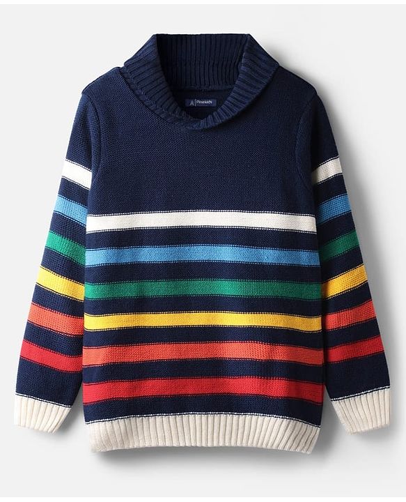 Pine Kids Knitted Full Sleeves Collar Neck Striped Pullover Sweater - Navy Blue