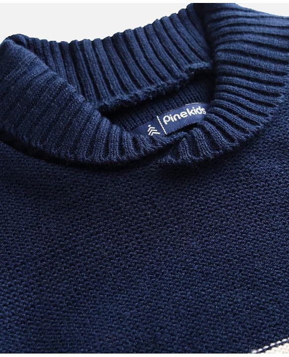 Pine Kids Knitted Full Sleeves Collar Neck Striped Pullover Sweater - Navy Blue