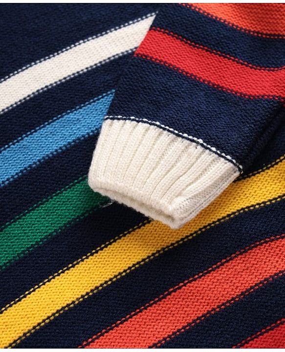 Pine Kids Knitted Full Sleeves Collar Neck Striped Pullover Sweater - Navy Blue