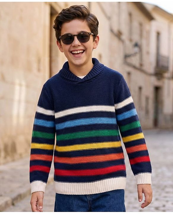 Pine Kids Knitted Full Sleeves Collar Neck Striped Pullover Sweater - Navy Blue