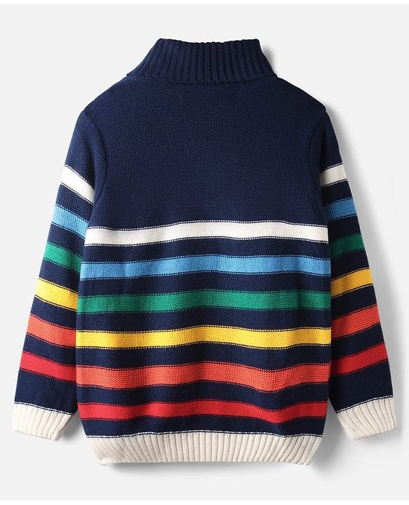 Pine Kids Knitted Full Sleeves Collar Neck Striped Pullover Sweater - Navy Blue