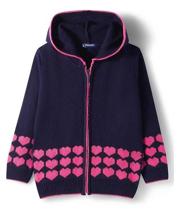 Pine Kids Knit Full Sleeves Front Open Hooded Sweater with Heart Design - Navy Blue