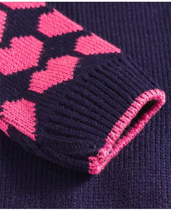 Pine Kids Knit Full Sleeves Front Open Hooded Sweater with Heart Design - Navy Blue