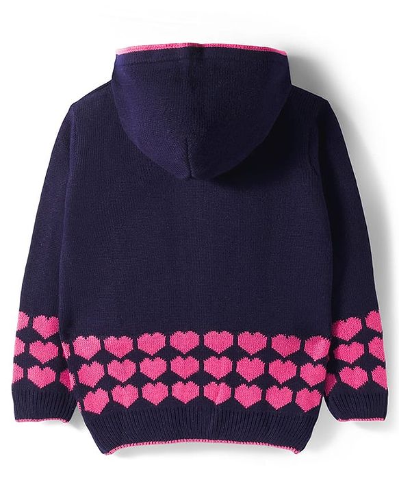 Pine Kids Knit Full Sleeves Front Open Hooded Sweater with Heart Design - Navy Blue