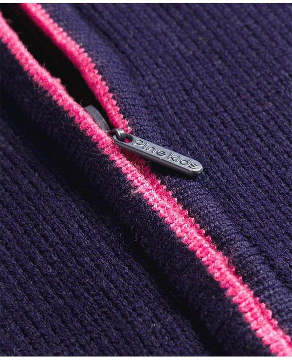 Pine Kids Knit Full Sleeves Front Open Hooded Sweater with Heart Design - Navy Blue
