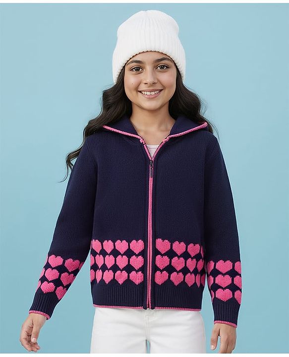 Pine Kids Knit Full Sleeves Front Open Hooded Sweater with Heart Design - Navy Blue