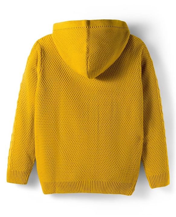 Pine Kids Knit Full Sleeves Front Open Hooded Sweater with Cable Knit Design - Mustard