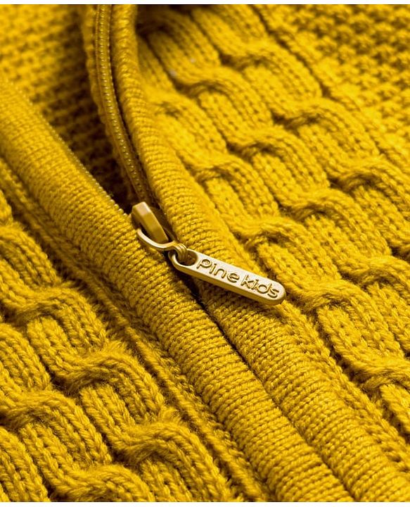 Pine Kids Knit Full Sleeves Front Open Hooded Sweater with Cable Knit Design - Mustard