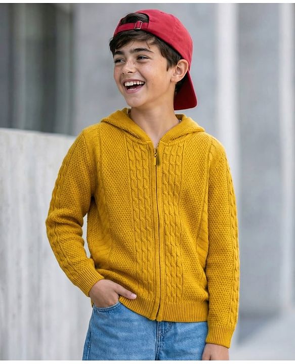 Pine Kids Knit Full Sleeves Front Open Hooded Sweater with Cable Knit Design - Mustard