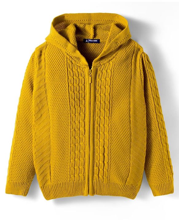 Pine Kids Knit Full Sleeves Front Open Hooded Sweater with Cable Knit Design - Mustard