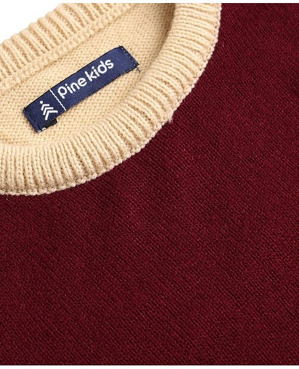 Pine Kids Cotton Knit Full Sleeves Pullover With Color Blocks & Stripes - Maroon