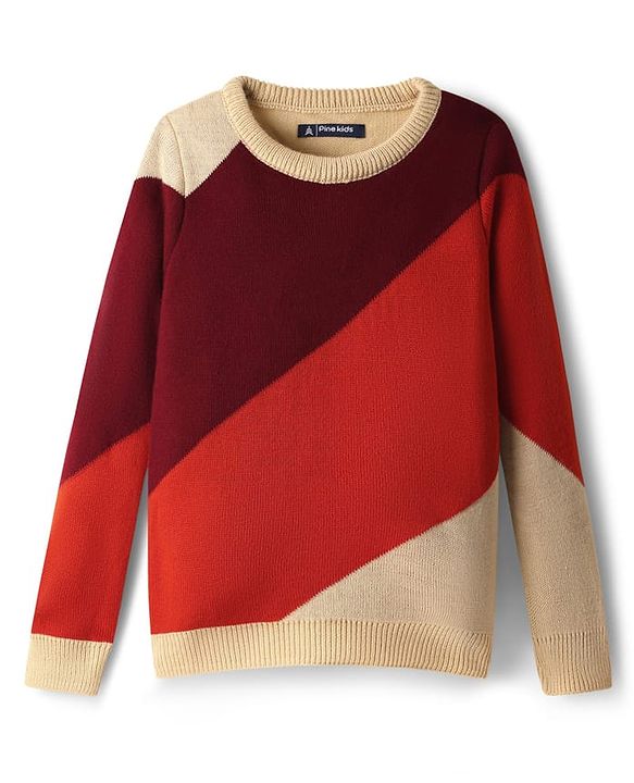 Pine Kids Cotton Knit Full Sleeves Pullover With Color Blocks & Stripes - Maroon