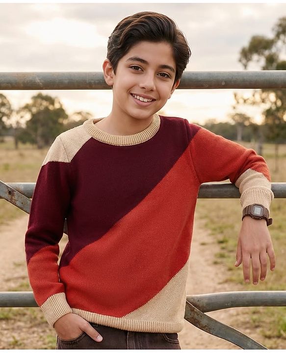 Pine Kids Cotton Knit Full Sleeves Pullover With Color Blocks & Stripes - Maroon