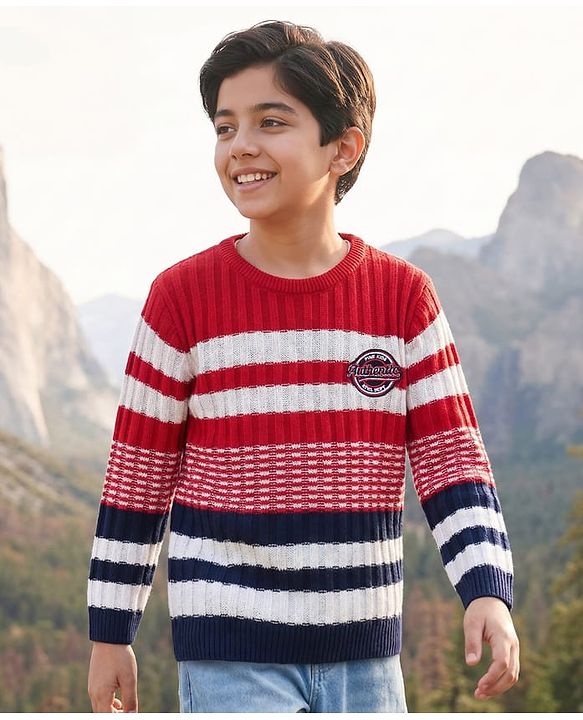 Pine Kids Knit Full Sleeves Striped Pullover - Red