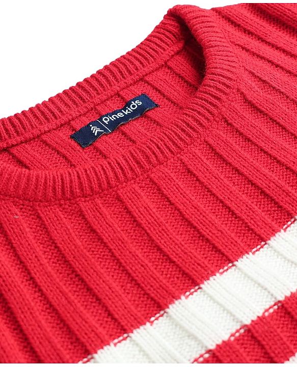 Pine Kids Knit Full Sleeves Striped Pullover - Red