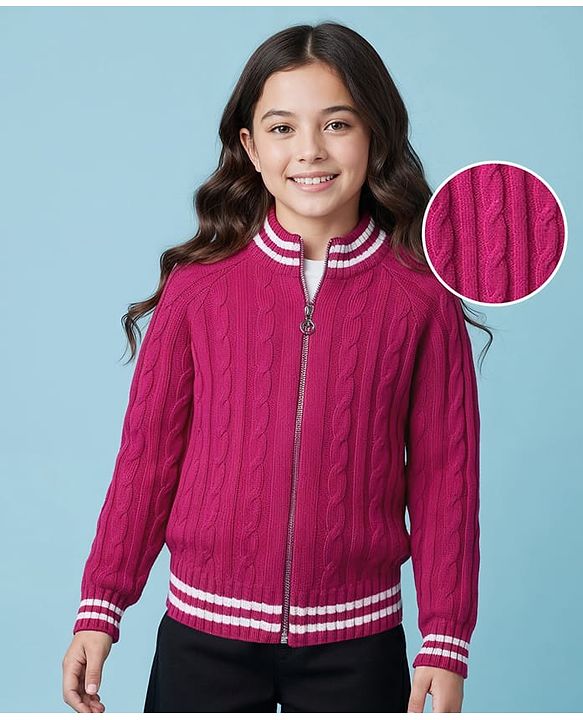 Pine Kids Knit Full Raglan Sleeves Front Open Sweater with Cable Knit Design - Dark Pink