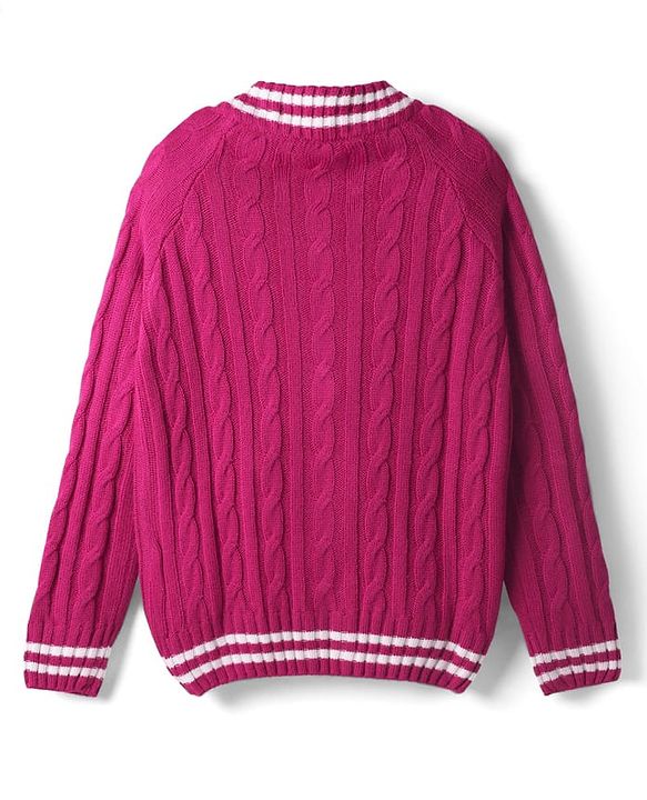 Pine Kids Knit Full Raglan Sleeves Front Open Sweater with Cable Knit Design - Dark Pink