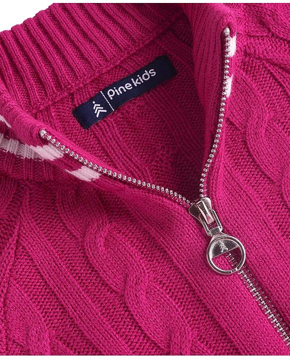 Pine Kids Knit Full Raglan Sleeves Front Open Sweater with Cable Knit Design - Dark Pink