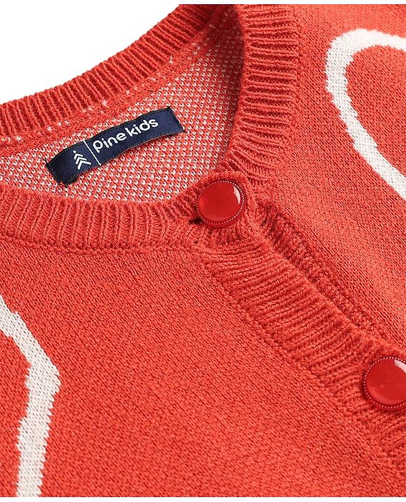 Pine Kids Knit Front Open Sweater with Heart Design - Red