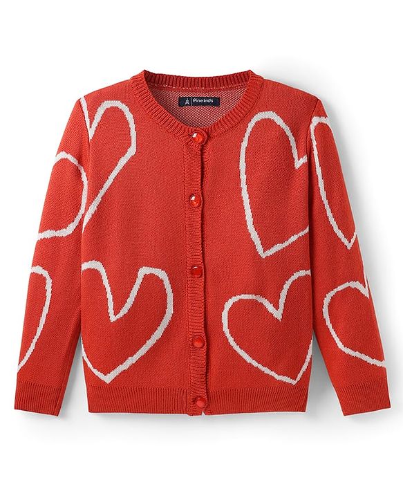 Pine Kids Knit Front Open Sweater with Heart Design - Red