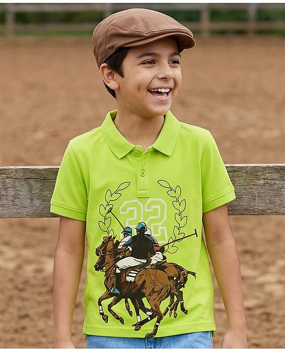 Pine Kids Cotton Knit Half Sleeves Polo T-Shirt with Sport Theme Print - Limegreen