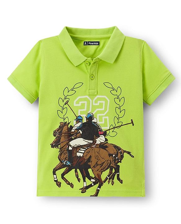 Pine Kids Cotton Knit Half Sleeves Polo T-Shirt with Sport Theme Print - Limegreen