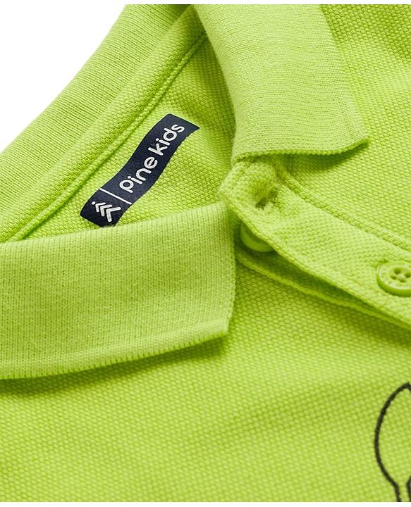 Pine Kids Cotton Knit Half Sleeves Polo T-Shirt with Sport Theme Print - Limegreen