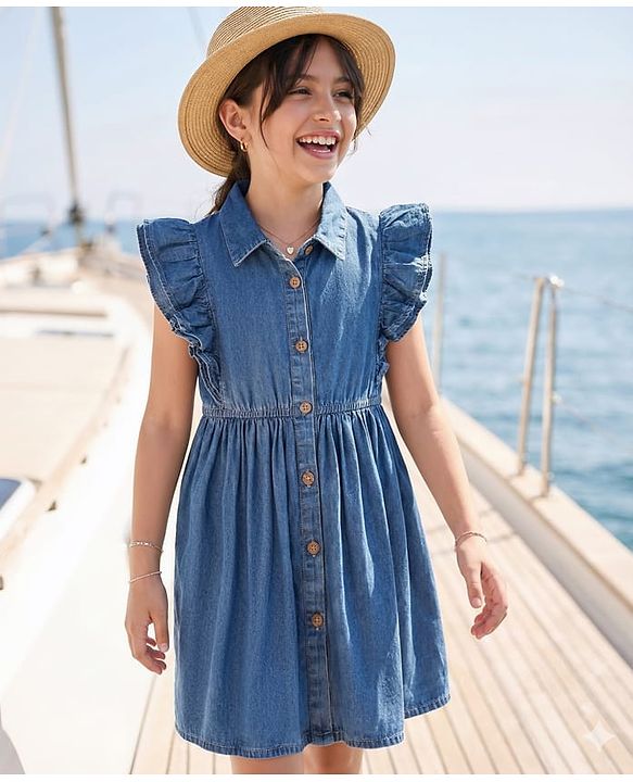 Pine Kids Cotton Woven Frill Sleeves Shirt Style Solid Dress with Collar Neck & Cinched Waist - Mid Blue