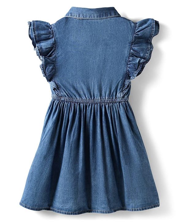 Pine Kids Cotton Woven Frill Sleeves Shirt Style Solid Dress with Collar Neck & Cinched Waist - Mid Blue
