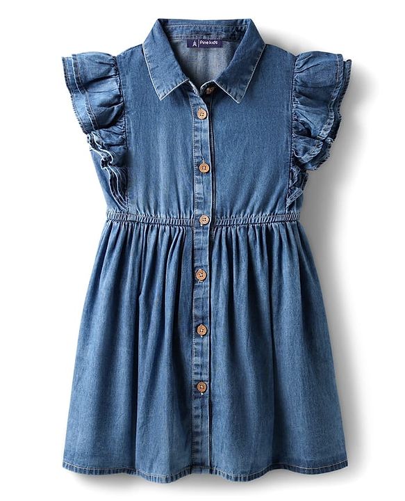 Pine Kids Cotton Woven Frill Sleeves Shirt Style Solid Dress with Collar Neck & Cinched Waist - Mid Blue