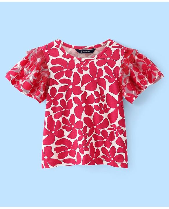Pine Kids Cotton Knit Flutter Sleeves Top with Floral Design - Dark Pink