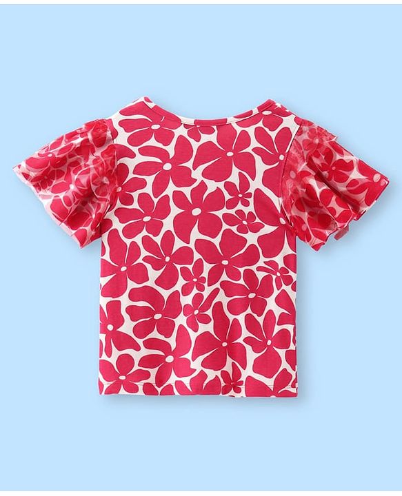Pine Kids Cotton Knit Flutter Sleeves Top with Floral Design - Dark Pink