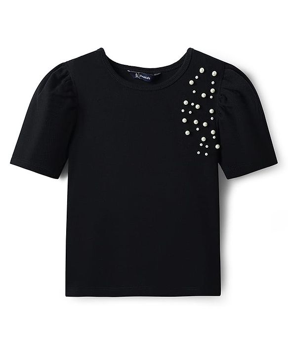 Pine Kids Cotton Knit Half Sleeves Solid Color Top with Pearl Detailing - Black