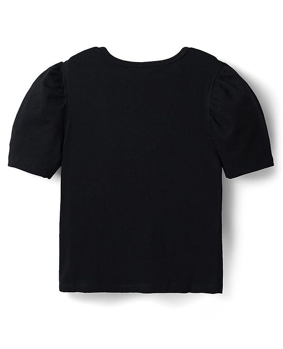Pine Kids Cotton Knit Half Sleeves Solid Color Top with Pearl Detailing - Black