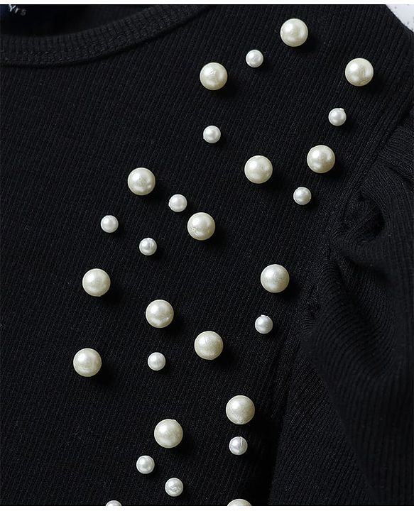 Pine Kids Cotton Knit Half Sleeves Solid Color Top with Pearl Detailing - Black