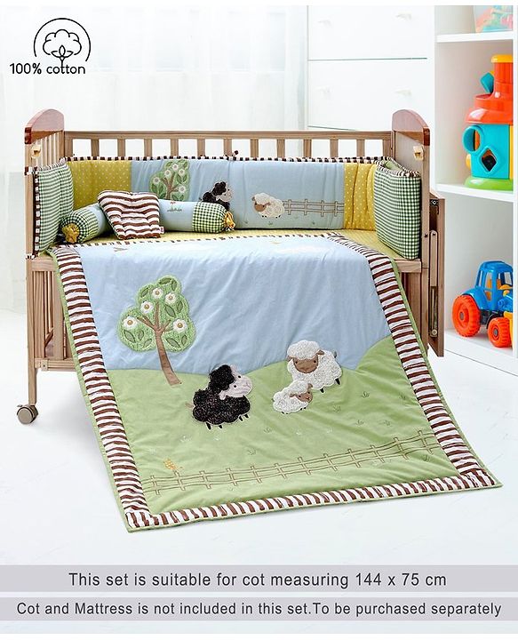Babyhug Premium Cotton Crib Bedding Set Farm Theme Large Pack of 6 - Light Green (Cot not Included)
