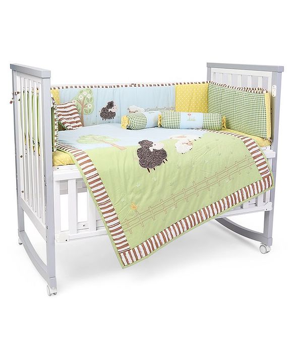 Babyhug Premium Cotton Crib Bedding Set Farm Theme Large Pack of 6 - Light Green (Cot not Included)