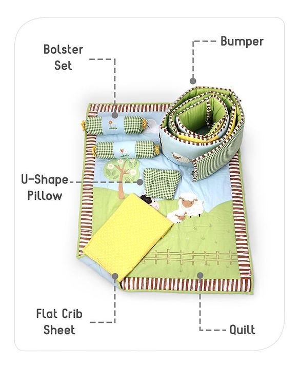Babyhug Premium Cotton Crib Bedding Set Farm Theme Large Pack of 6 - Light Green (Cot not Included)