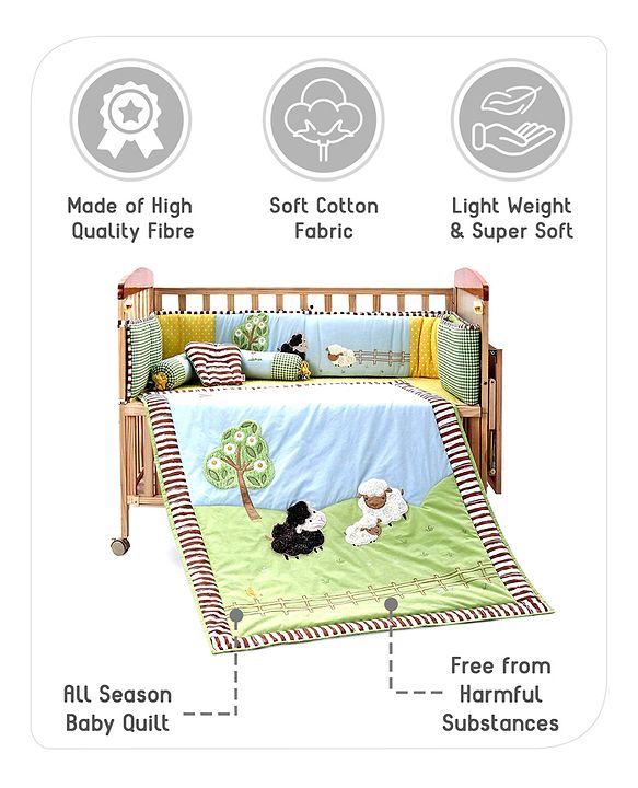 Babyhug Premium Cotton Crib Bedding Set Farm Theme Large Pack of 6 - Light Green (Cot not Included)